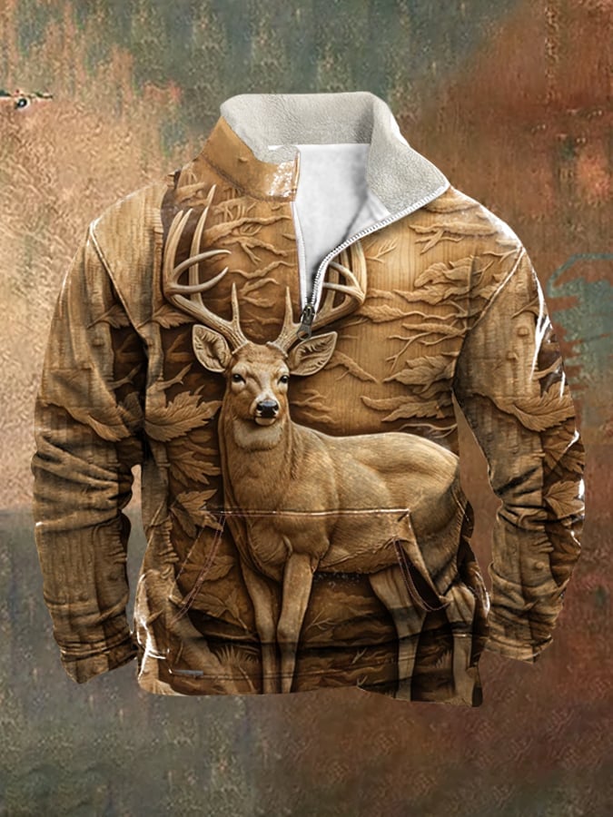 Men's Retro Western Style 3D Deer Print Fur Collar Zipper Sweatshirt