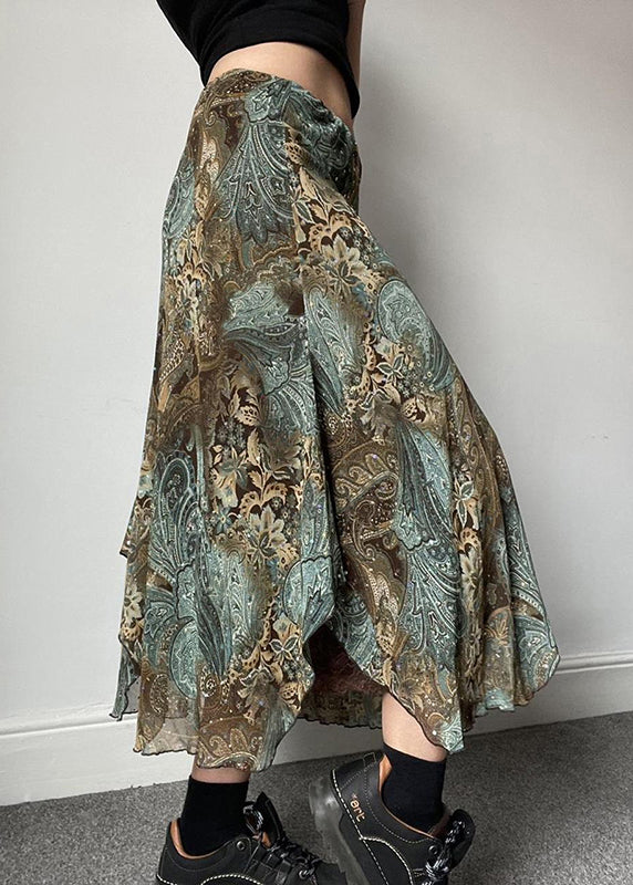 Vintage Green Print Lace Patchwork Skirts Summer