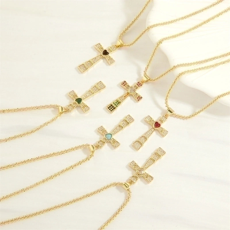 Minimalist Cross Heart Shape Copper 18k Gold Plated Zircon Pendant Necklace In Bulk