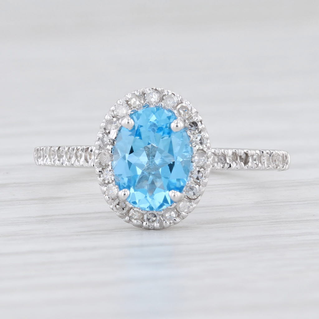 New 1.90ctw Oval Blue Topaz Diamond Halo Ring 14k White Gold Size 7.5