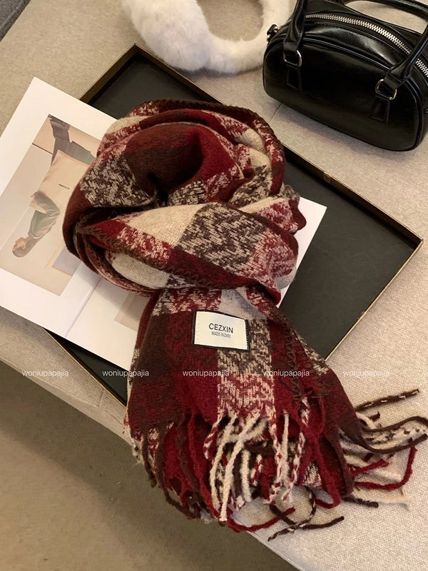 Women's Retro Lattice Imitation Cashmere Tassel Scarf