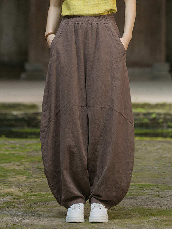 Loose Elasticity Pockets Solid Color Split-Joint Cropped Trousers Pants