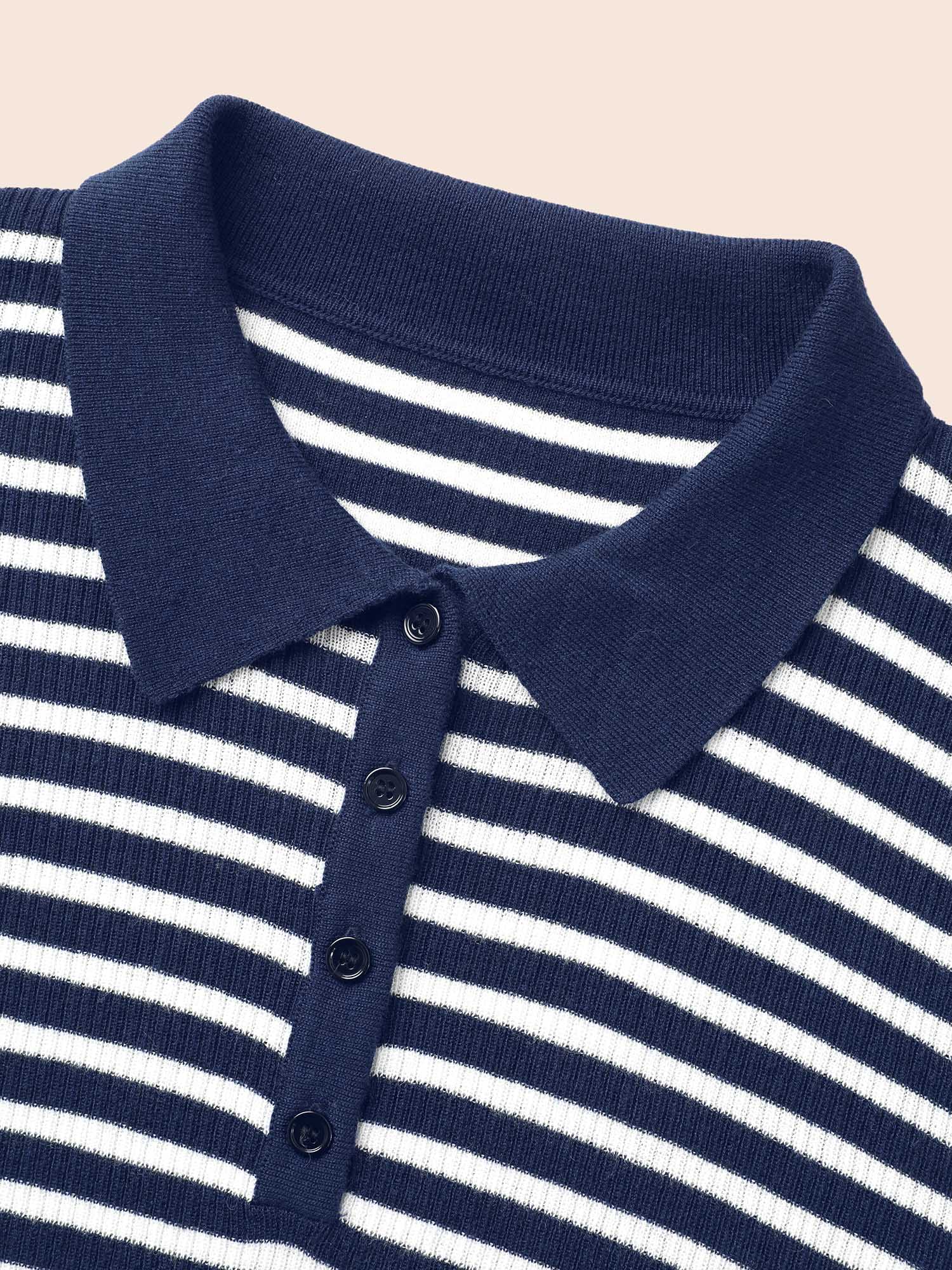 Polo Neck Striped Button Up Pullover