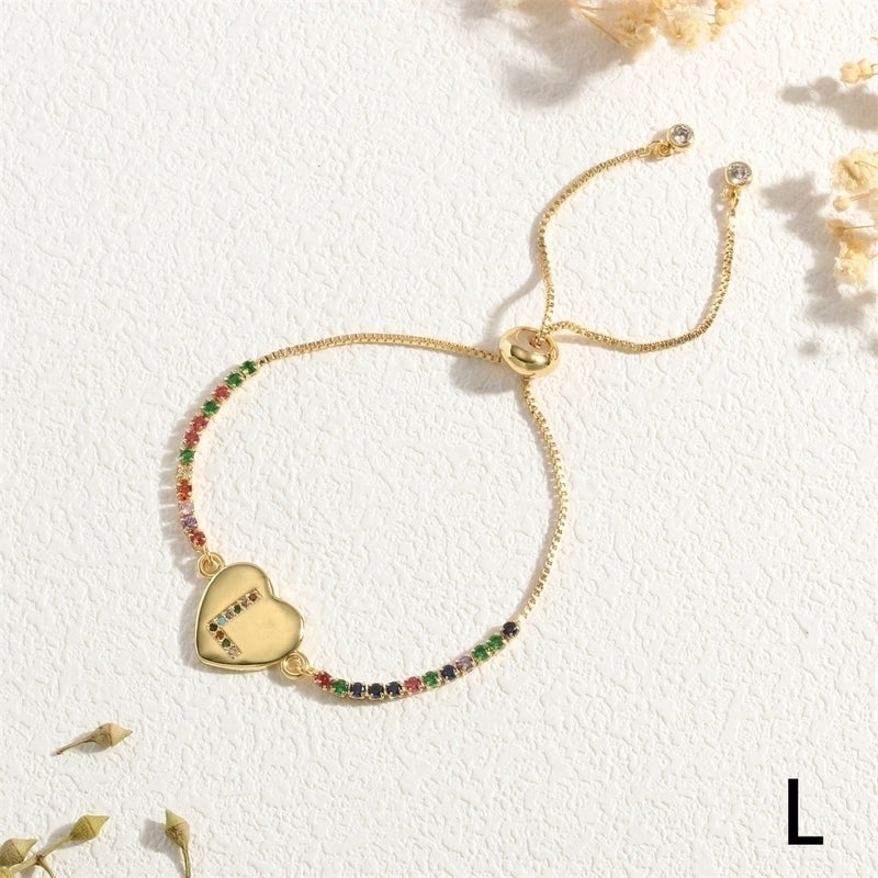 Copper 18K Gold Plated Elegant Romantic Sweet Letter Heart Shape Inlay Zircon Bracelets