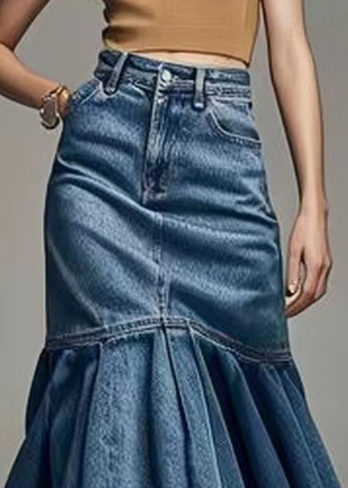 French Blue Wrinkled High Waist Fishtail Skirt Summer