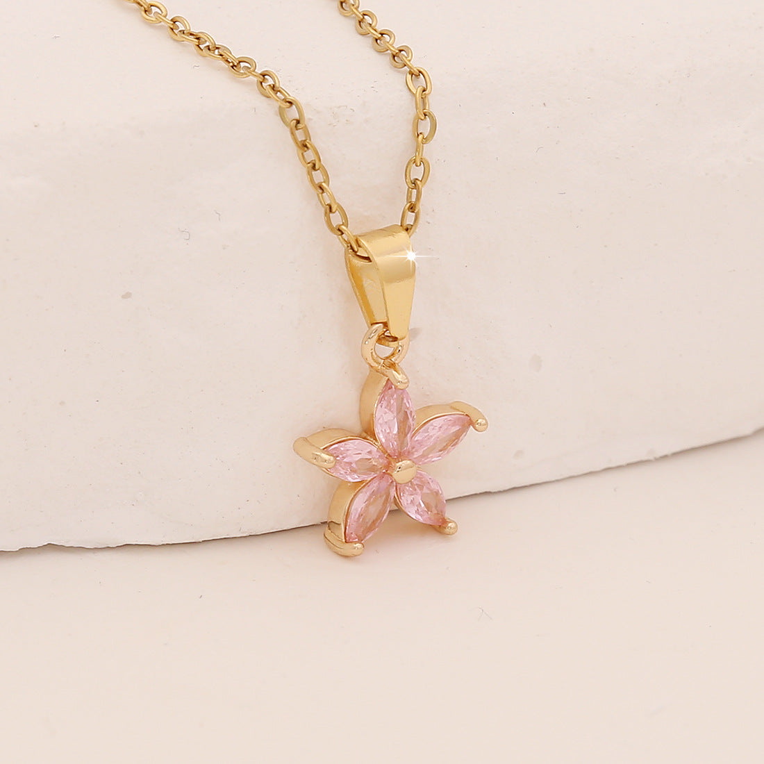 Pink Zirconium Flower Pendant Leaf Geometric Square Clavicle Chain Niche N1487