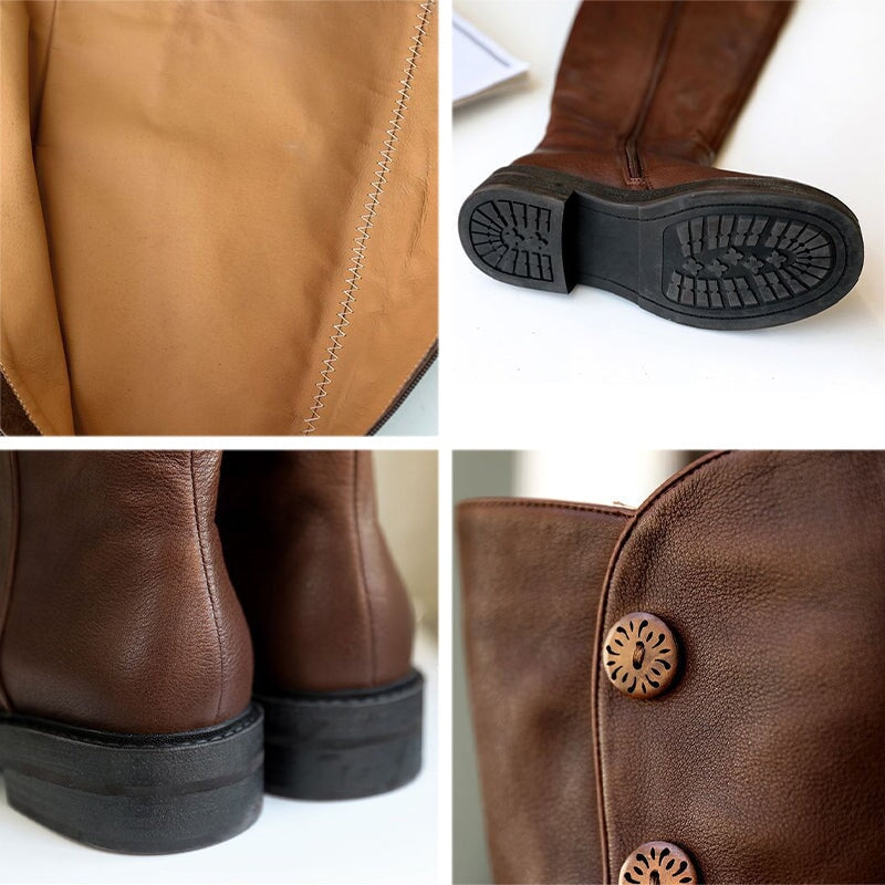 Women Leather Handmade Knee-Length Boots With Ziper Low Heel in Grey/Coffee
