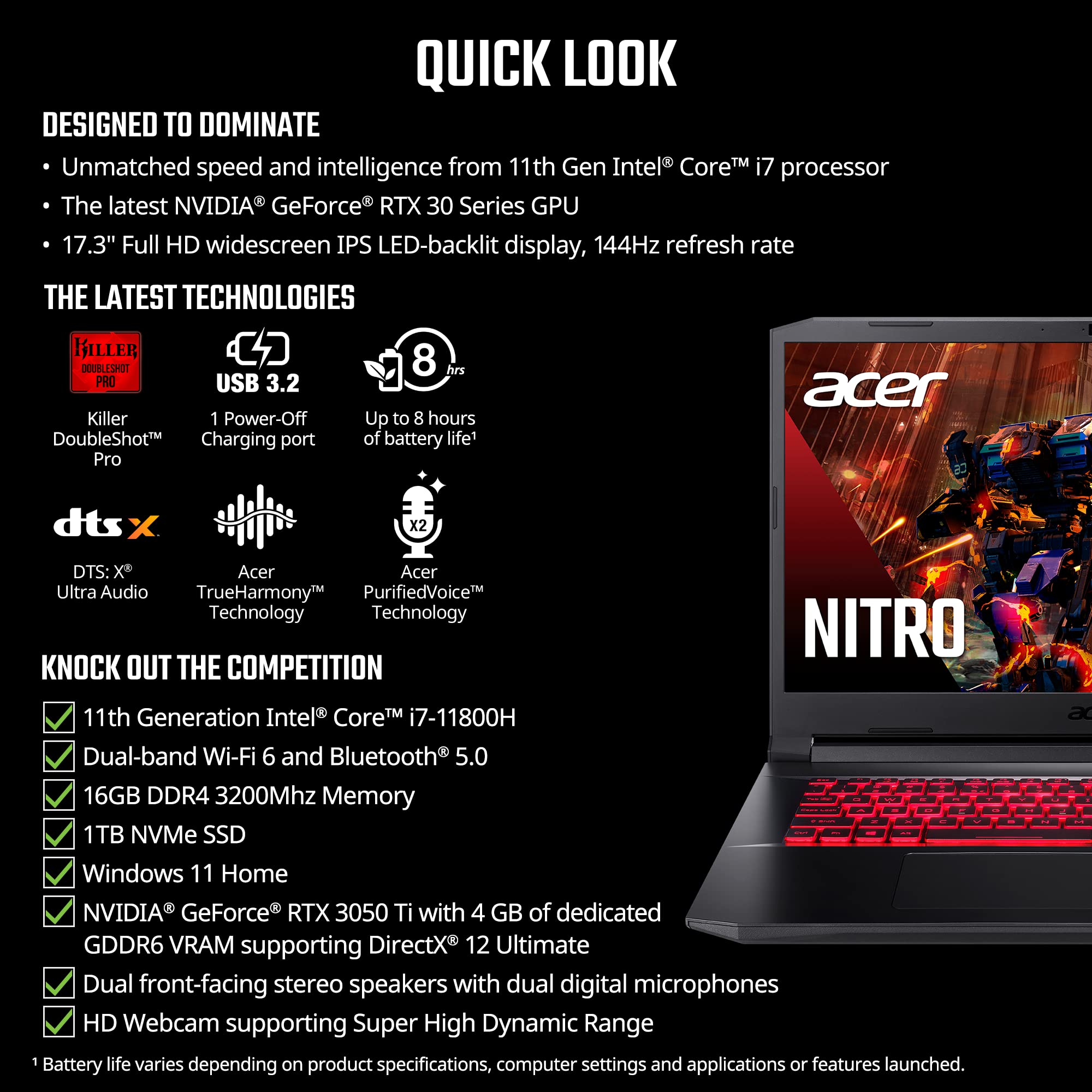 Acer Nitro 5 AN517-54-79L1 portátil para videojuegos con Intel Core i7-11800H, unidad de procesamiento de gráficos NVIDIA GeForce RTX 3050Ti, pantalla IPS FHD de 17.3 pulgadas con frecuencia de actualización de 144 Hz, 16 GB DDR4, unidad de estado sólido