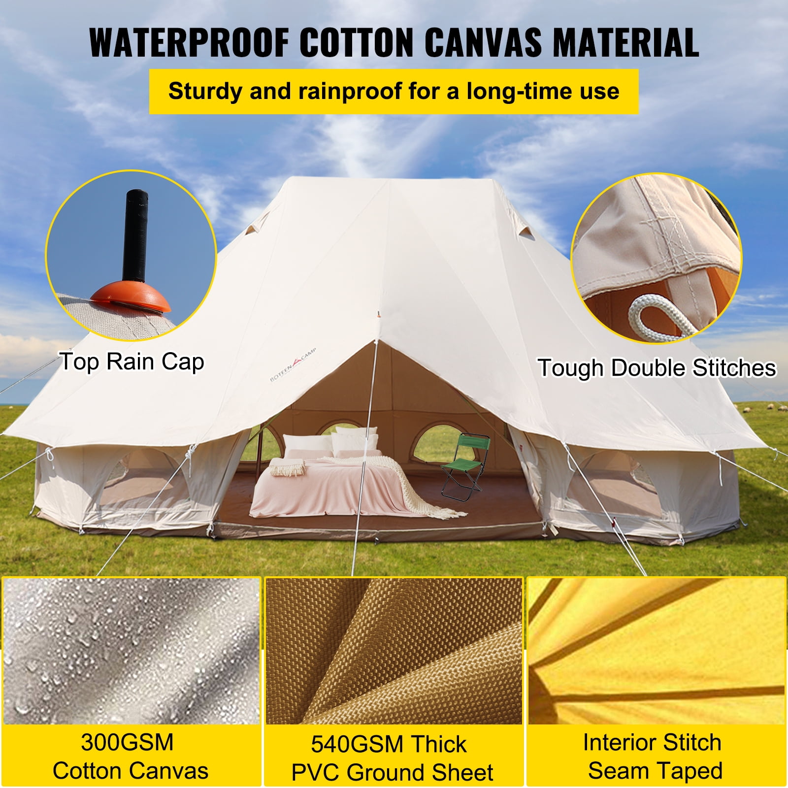 VEVORbrand Canvas Bell Tent 19.7x13.1x9.8 ft Yurt Beige Canvas Tent Cotton Glamping Tents 8-12 Person