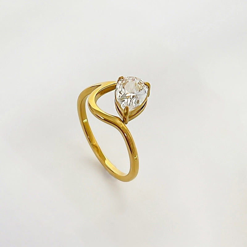 Romantic Shiny Round Water Droplets 316L Stainless Steel  Zircon 18K Gold Plated Inlay Rings