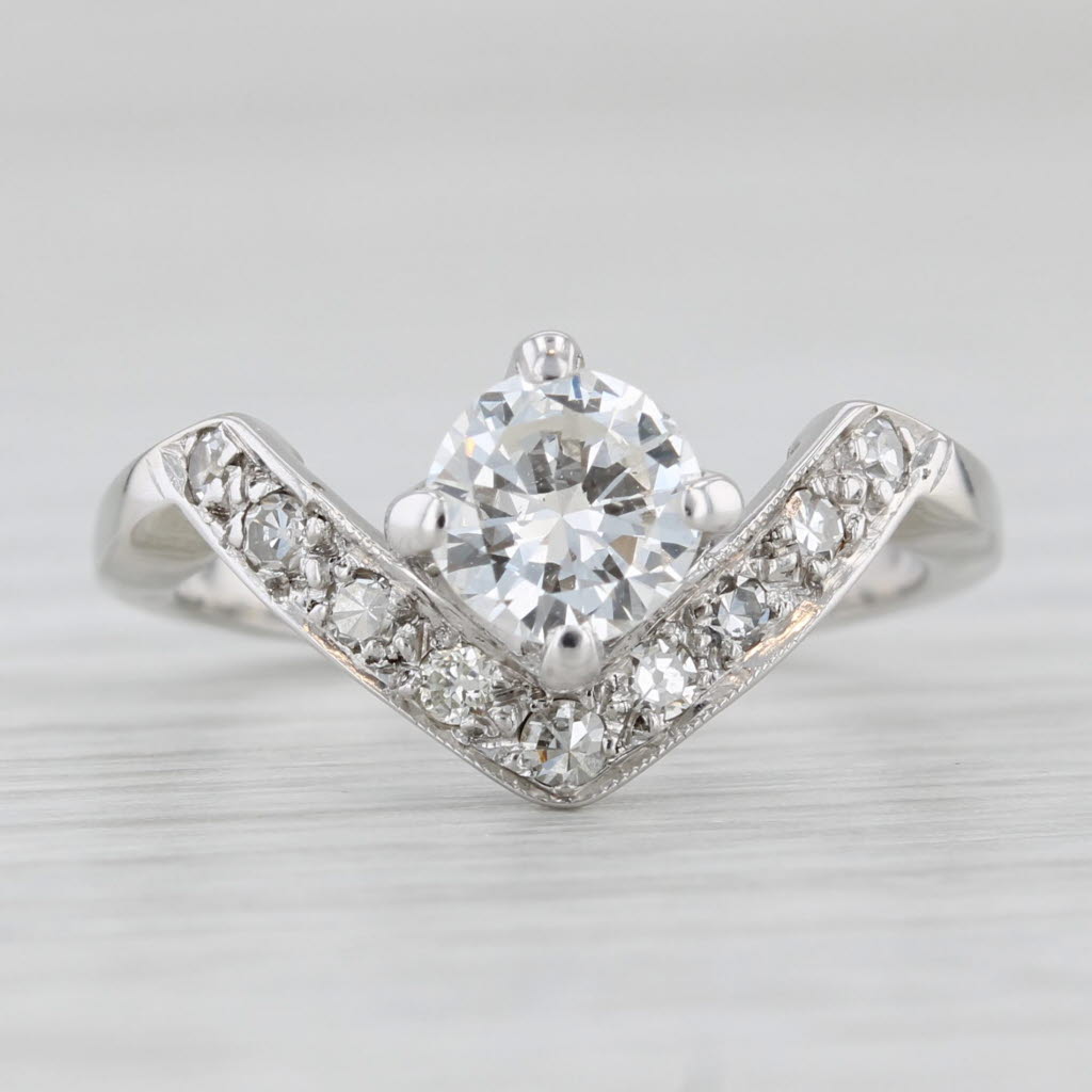 Vintage 0.70ctw Round Diamond Engagement Ring 14k White Gold Sz 4.5 Contoured V