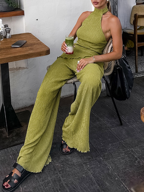 Solid Color Pleated Sleeveless Asymmetric High Neck Vest + Wide Leg Pants Two Pieces Set