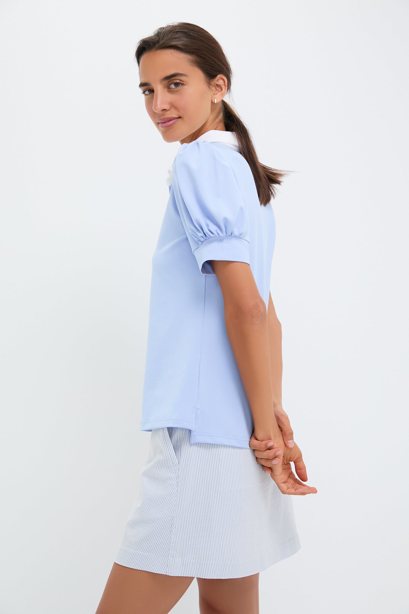 Light Blue Puff Sleeve Caroline Polo