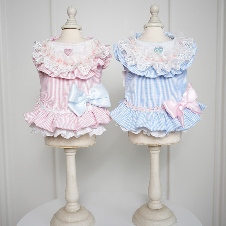 Sweet Lace Collar Striped Bow Dog Cat Dress