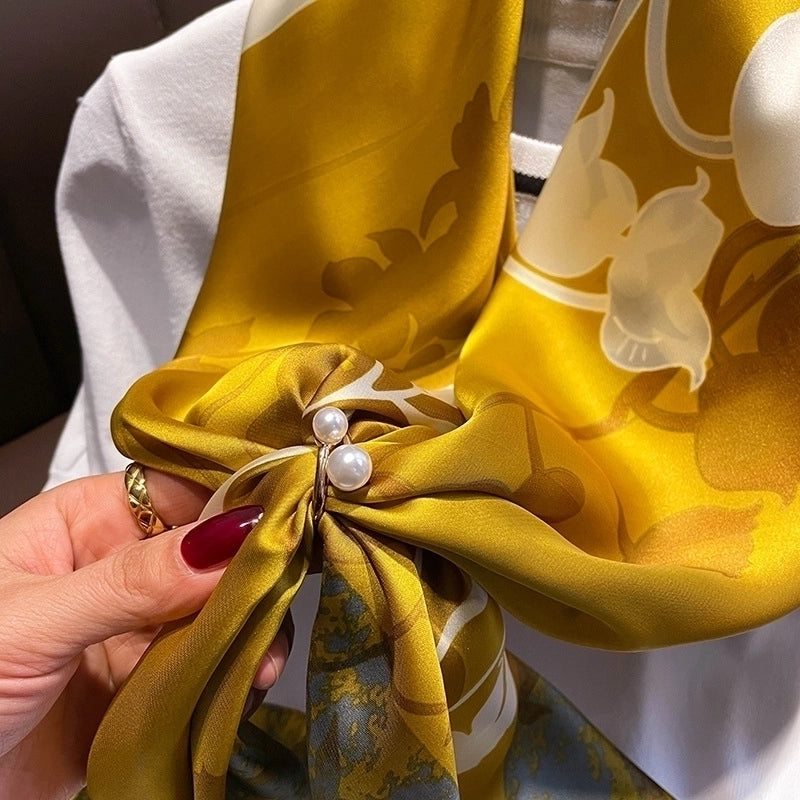 Spring And Summer New Floral Simulation Silk Satin 90cm Rolled Edge Square Scarf
