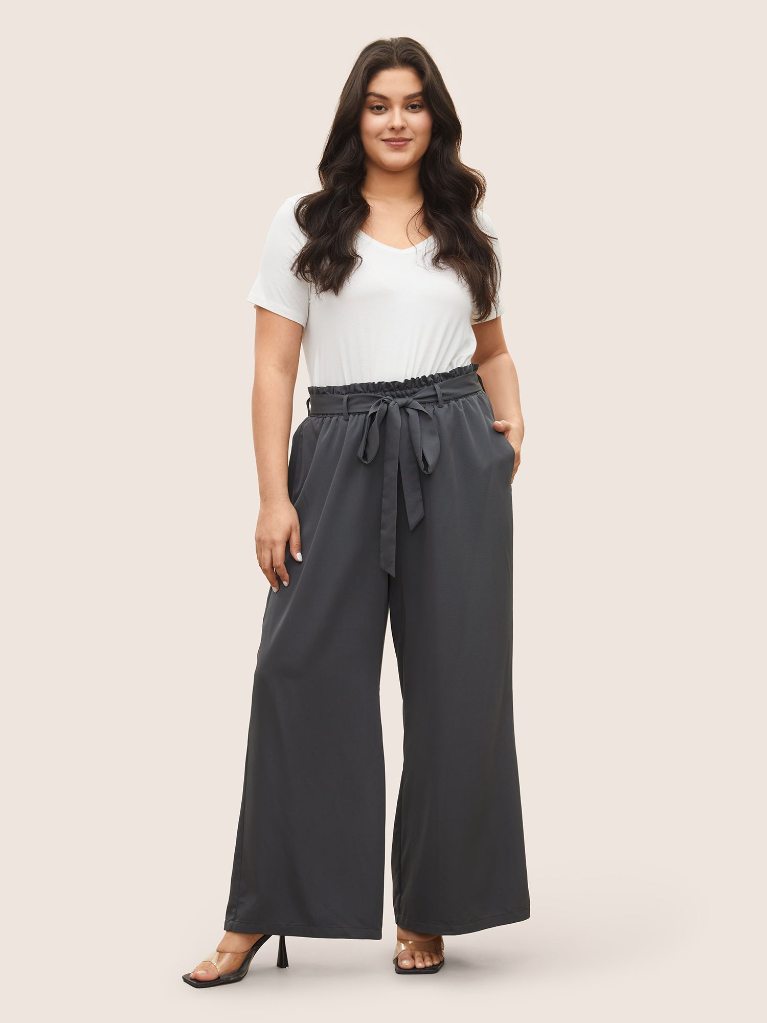 Plain Paperbag Waist Belted Wide Leg Pants