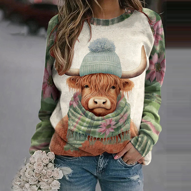 Winter West Highland Cow Floral Plaid Print Sweatshirt