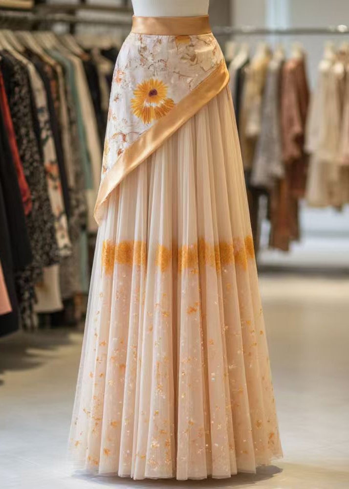 Classy Orange Print Wrinkled Patchwork False Two Pieces Tulle Skirt Summer