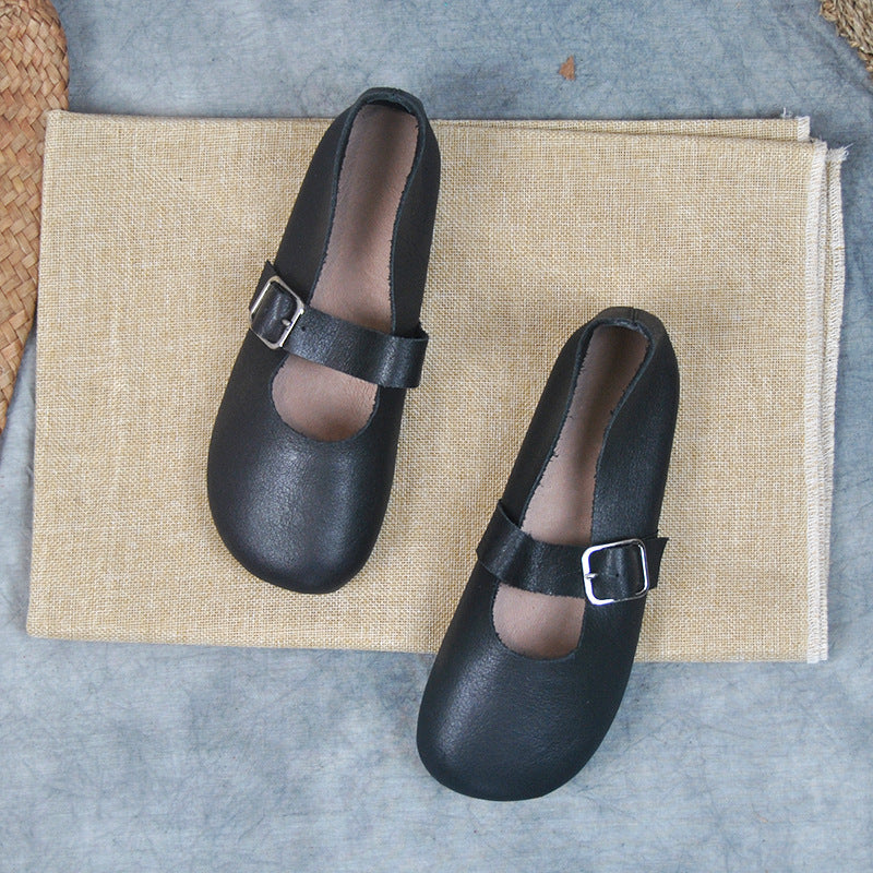 Handmade Women's Calf Leather Mary Jane Shoes Round Toe  Soft Sole Buckle Slip On Black/Beige/Faint Yellow
