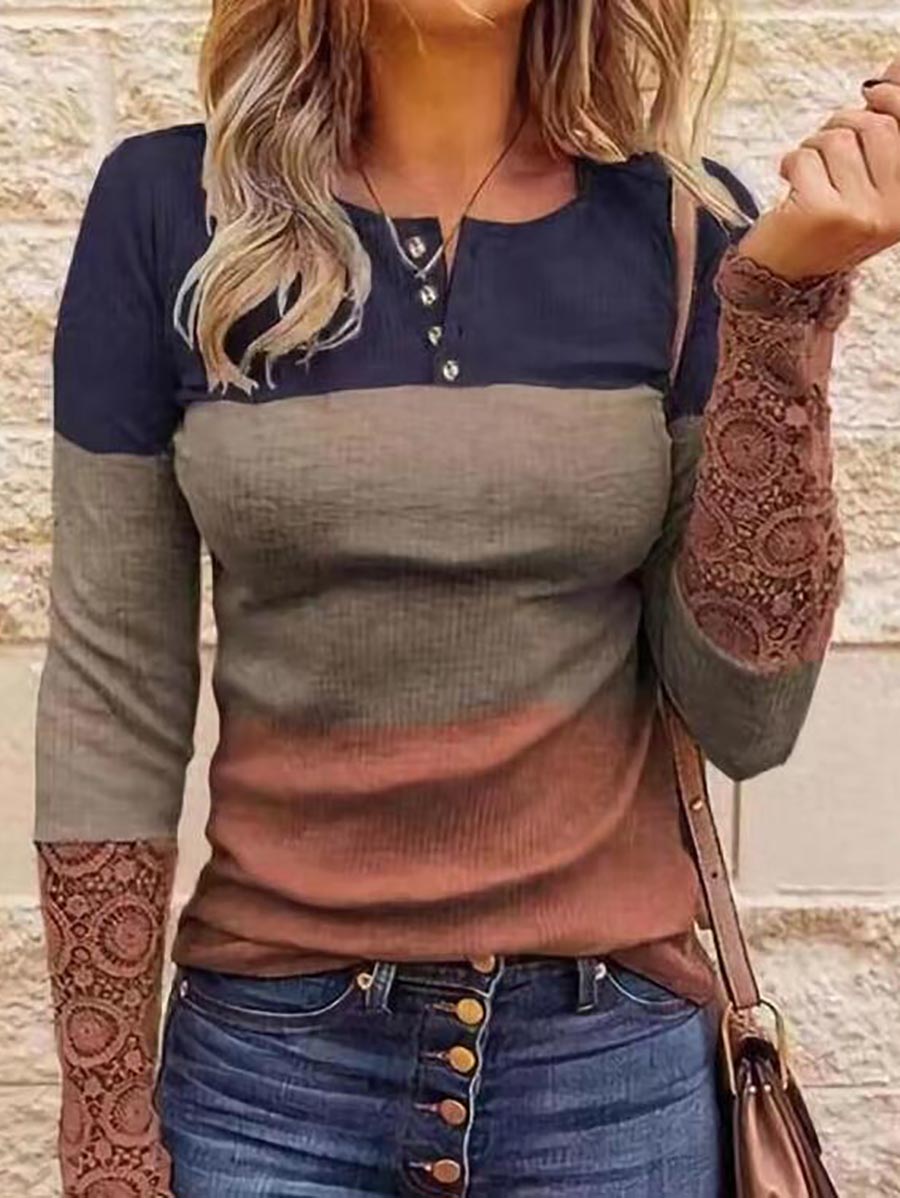 Round Neck Stitching Lace Long Sleeve T-Shirt(14 colors)