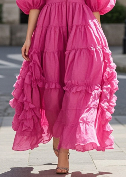 Women Rose Ruffled Exra Large Hem Cotton Dress Puff Sleeve Summer