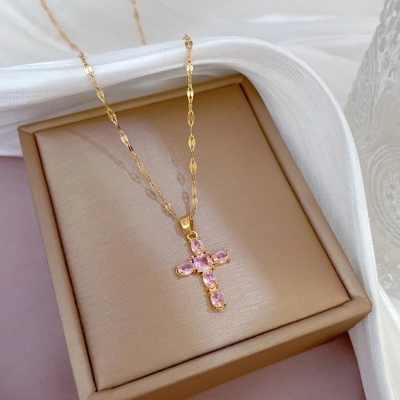Minimalist Cross Titanium Steel Copper Zircon Pendant Necklace In Bulk