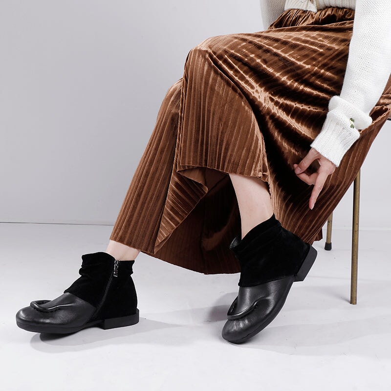 Handmade Soft Leather Ankle Boots For Women Splicing Design in Coffee/Black