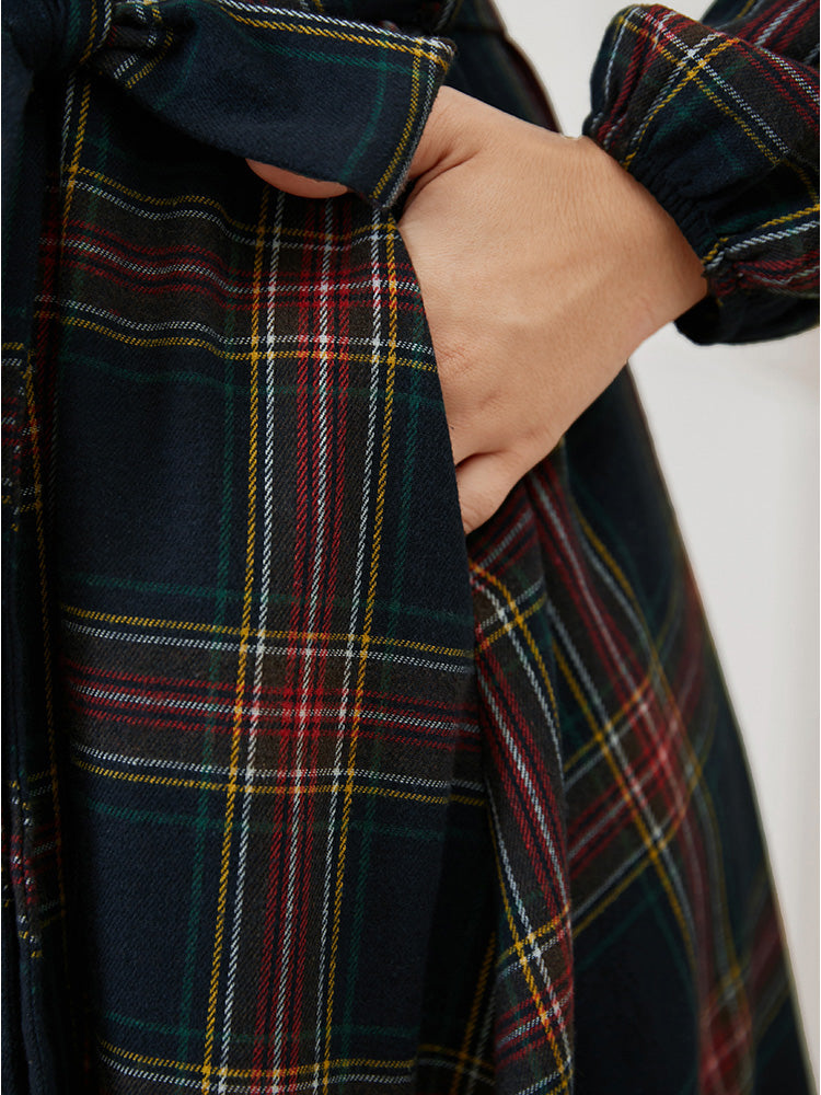 Plaid Lantern Sleeve Pocket Belted Square Neck Dress