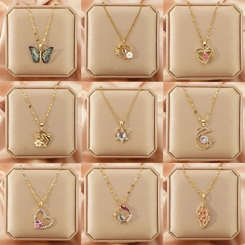 3 Pieces Lady Heart Shape Flower Titanium Steel Plating Inlay Zircon Gold Plated Pendant Necklace