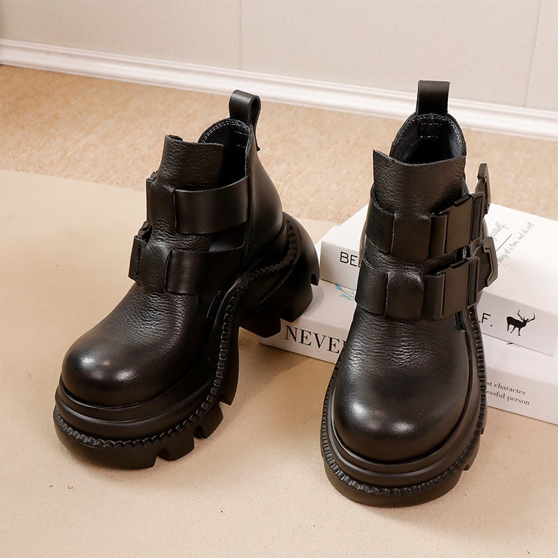 65mm Chunky Platform Cow Leather Ankle Boots Sandals with Double Buckle Black/Brown