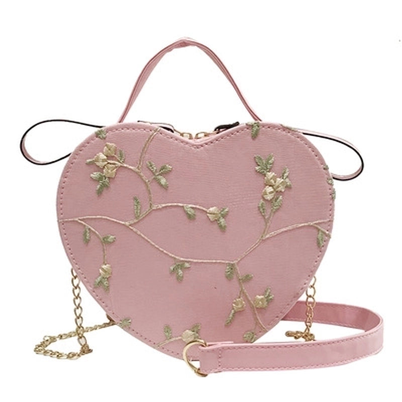Women's All Seasons Pu Leather Flower Vintage Style Heart-shaped Zipper Handbag