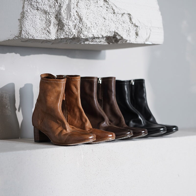 Horse Leather Western Boots Short Boots Side Zip For Women In Black/Brown/Apricot