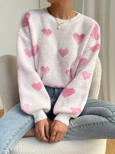 Final Sale⚡4 Packs for $24.98⚡ -Women's Heart Patterned Crew Neck Sweater