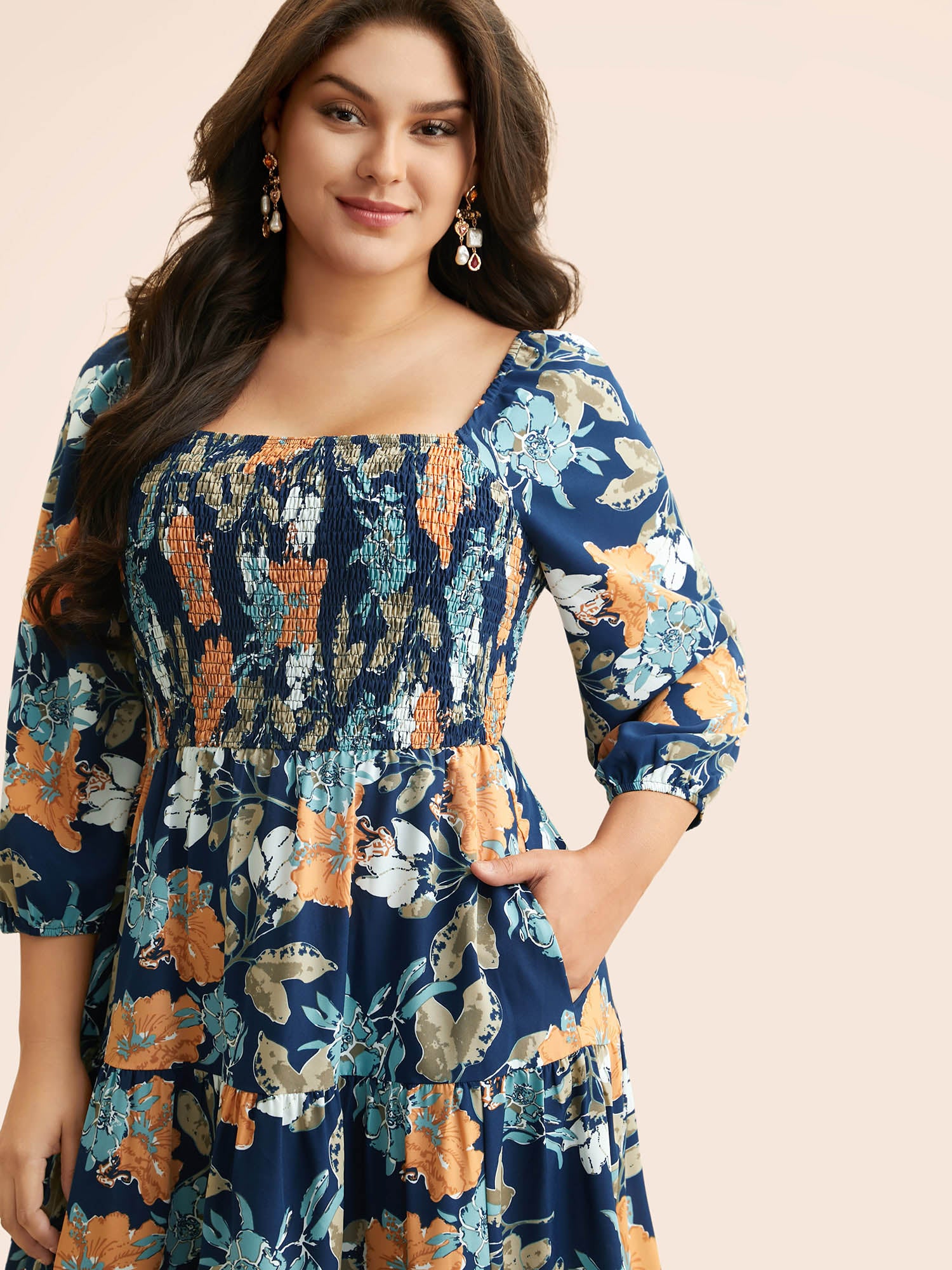 Square Neck Floral Shirred Midi Dress