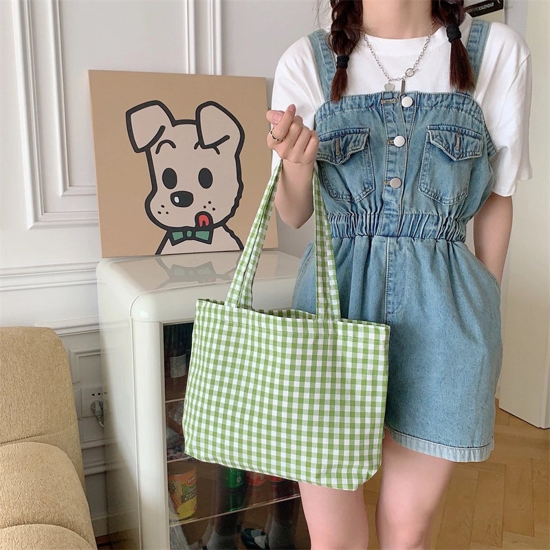 Large Capacity Plaid Canvas Bag Shopping Bag Student Shoulder Handbag Vintage Tote Bag