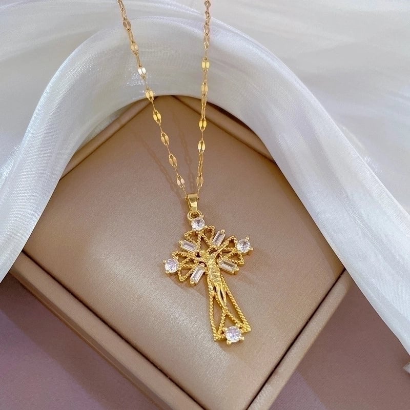 Minimalist Cross Titanium Steel Copper Zircon Pendant Necklace In Bulk