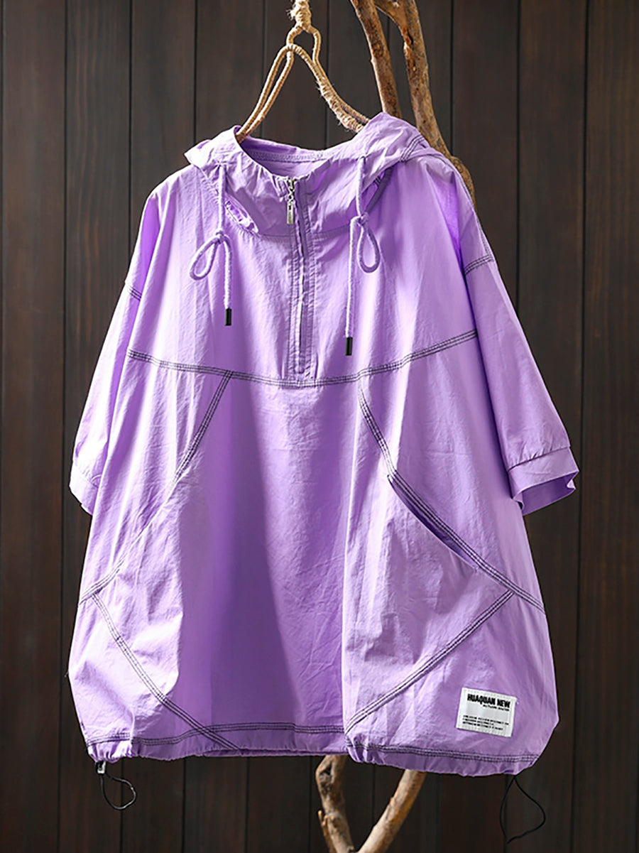 Women Summer Artsy Drawstring Hooded Cotton Shirt