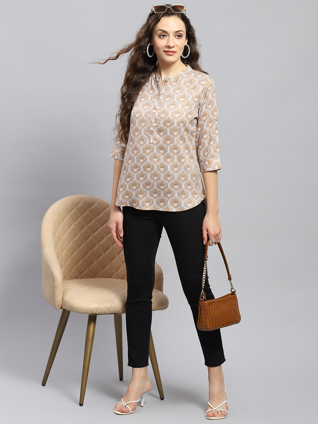 Women Beige Printed Band Collar 3/4 Sleeve Top