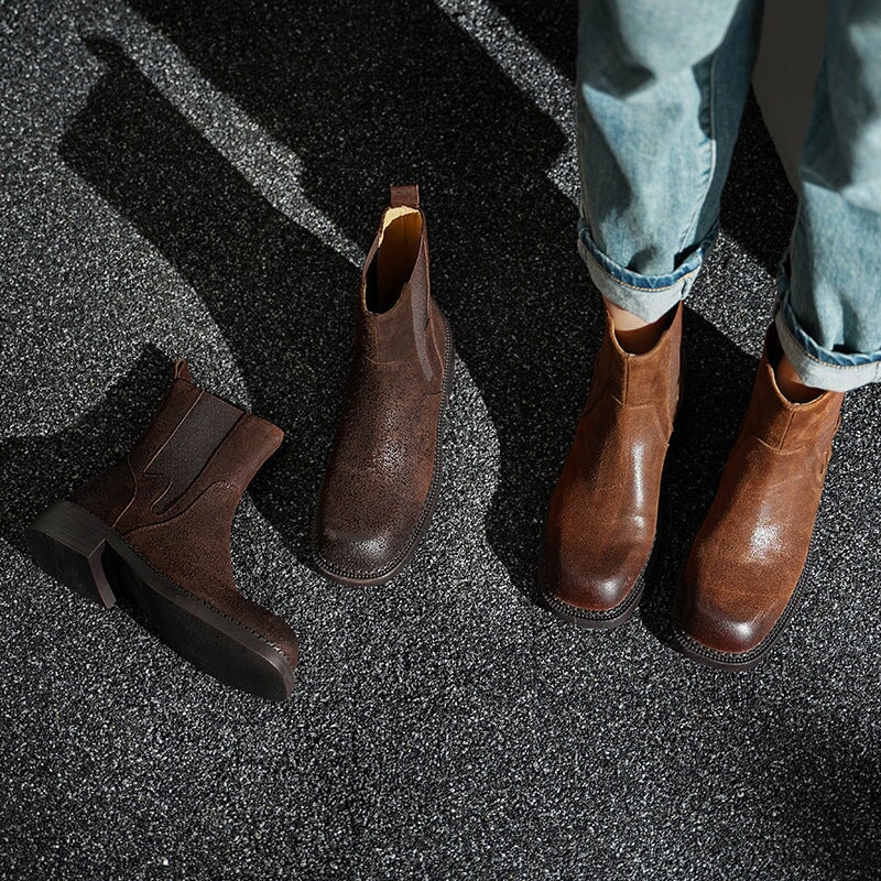 Leather Ankle Boots Comfortable Walking Round Chelsea Boots in Brown/Coffee