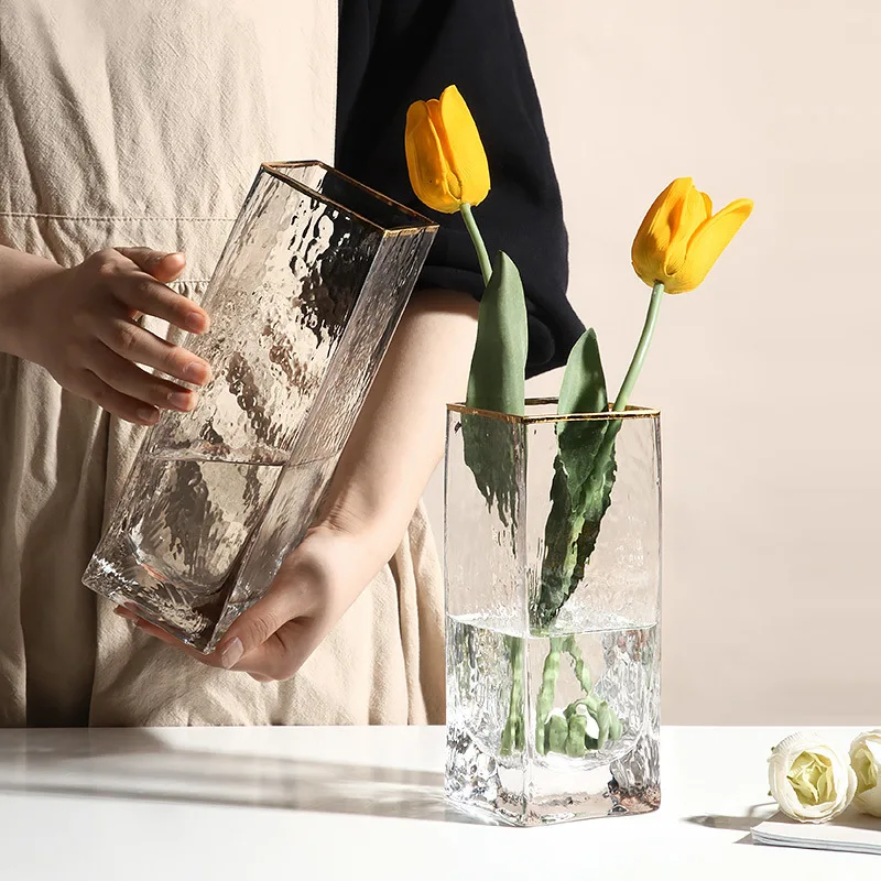 Wedding Porcelain clear glass Gradient Flower Rectangular Long Hand Crystal Glass Vase for Table Decoration