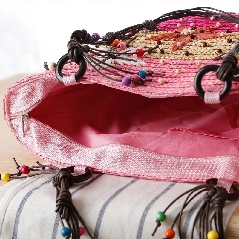 Women's Large Straw Color Block Vacation Embroidery Bucket Zipper Straw Bag