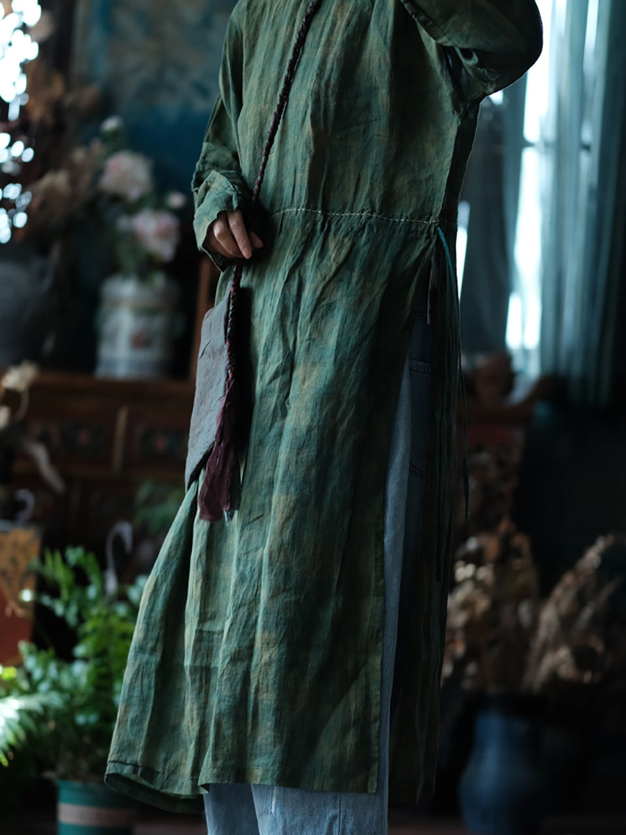 Women Vintage Pure Color Linen O-Neck Dress