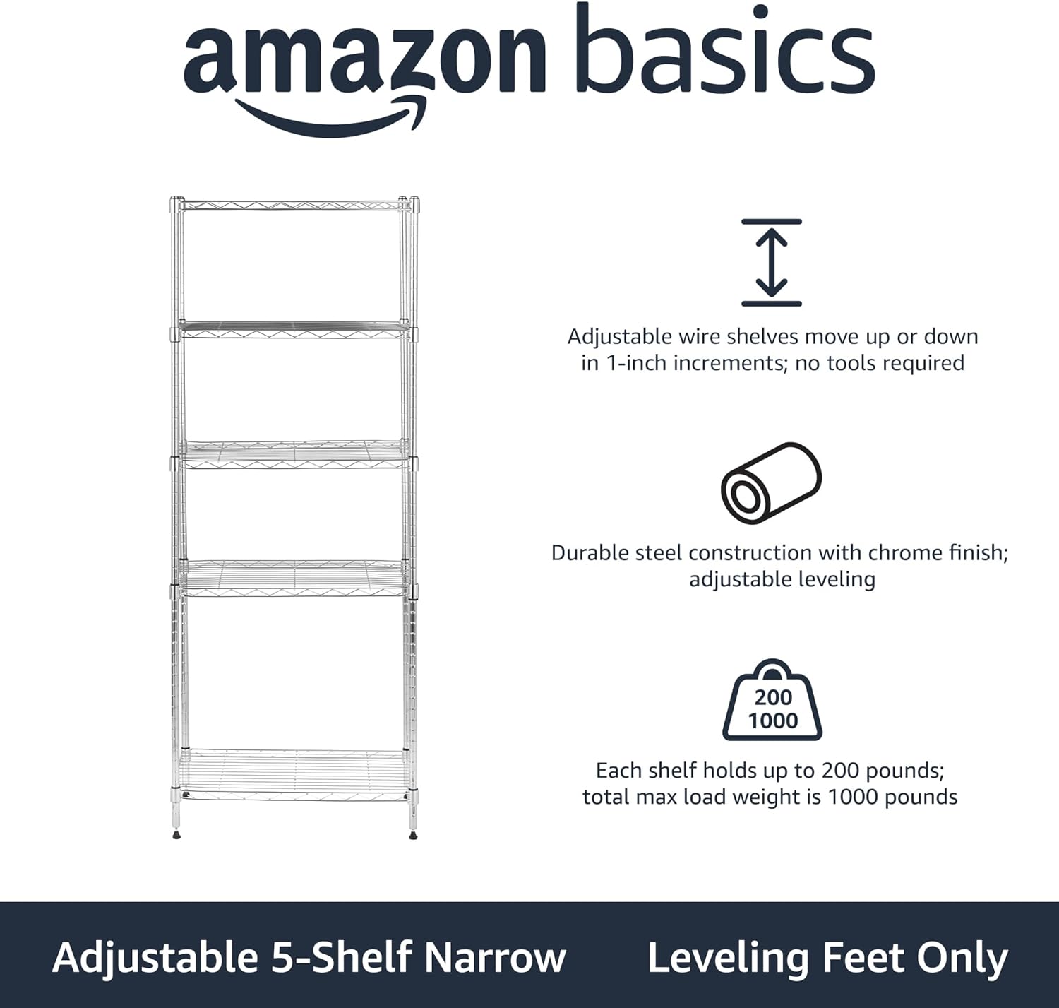 Amazon Basics 4-Shelf Steel Wire Storage Rack, Adjustable, Sturdy, Easy Assembly, 13.4 D x 23.2 W x 48 H in, Black