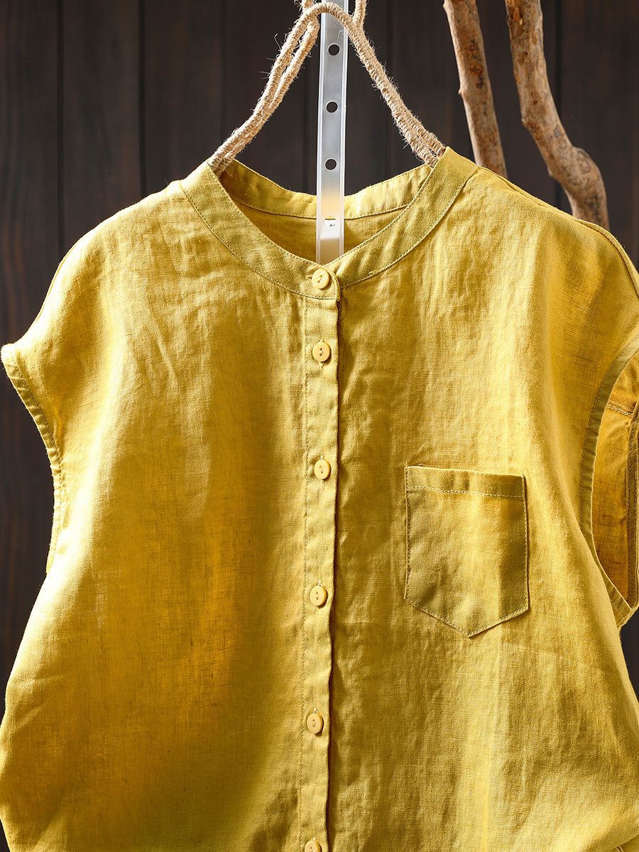 Women Summer Casual Pure Color Stand Collar 100%Linen Shirt