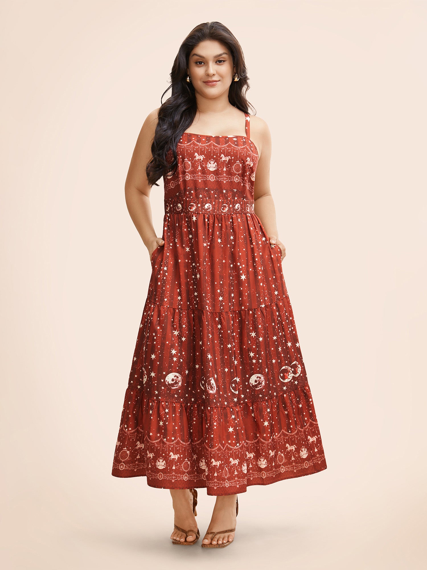 Star & Moon Print Elastic Waist Maxi Cami Dress