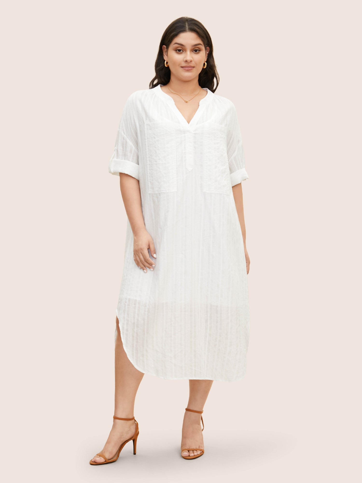 Notched Mesh Patched Pocket Button Cuff Sleeve Dress
