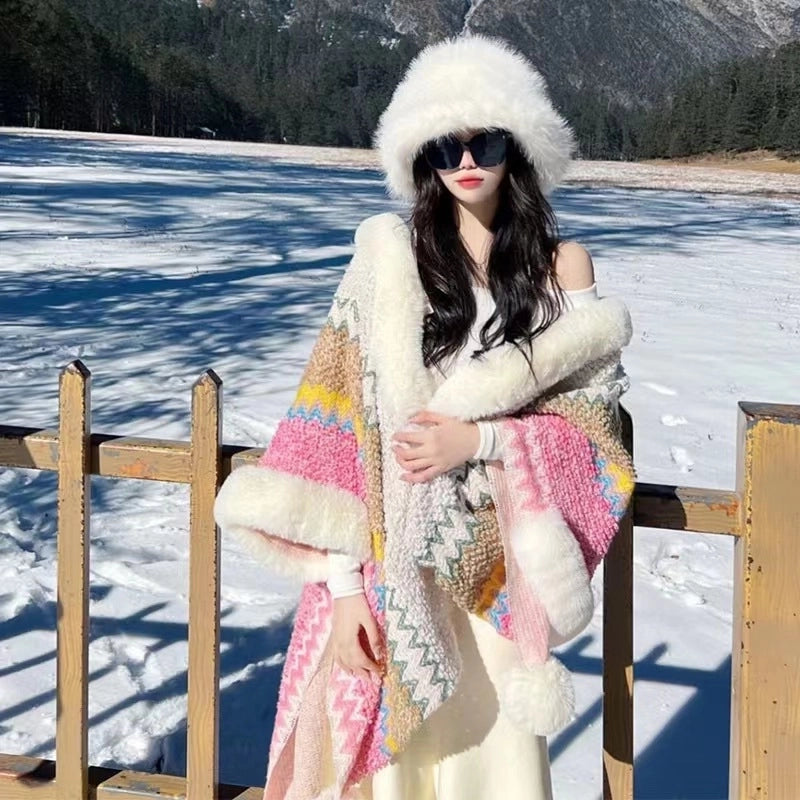 Travel Outside Knitted Shawl Ethnic Style Vintage Cape Cloak Tassel Scarf For Vacation Wear