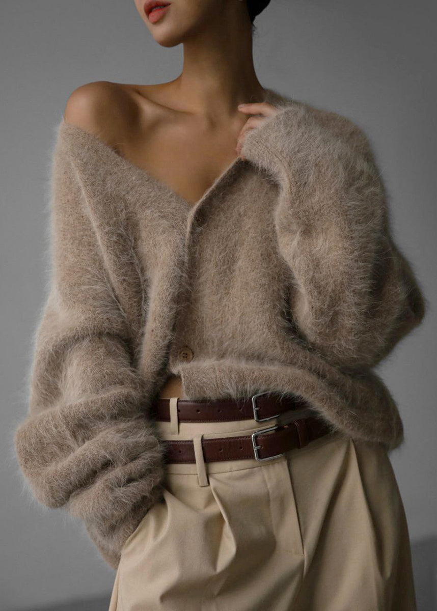 Vogue Khaki V Neck Mink Hair Knitted Sweater Fall