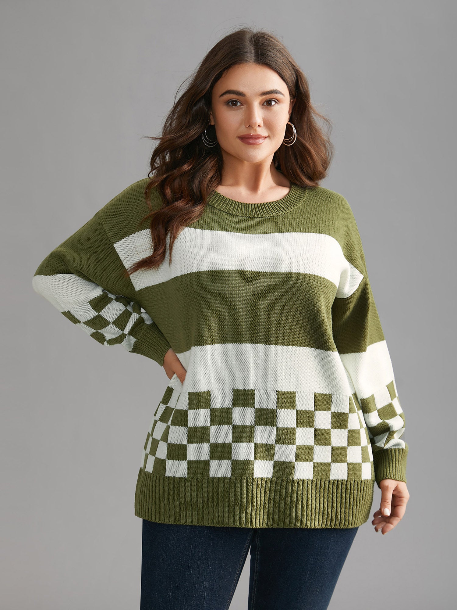 Colorblock Contrast Round Neck Split Hem Pullover