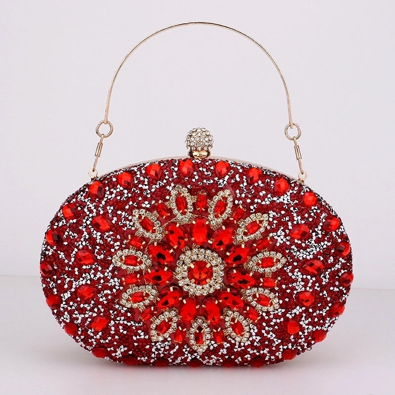 Red Green Blue Pu Leather Polyester Flower Rhinestone Oval Evening Bags
